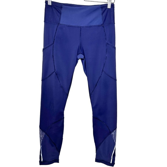 Lululemon Navy Blue Sheer Panel Reflective Ankle Leggings Sz 8 Yoga Fitness - Picture 1 of 13